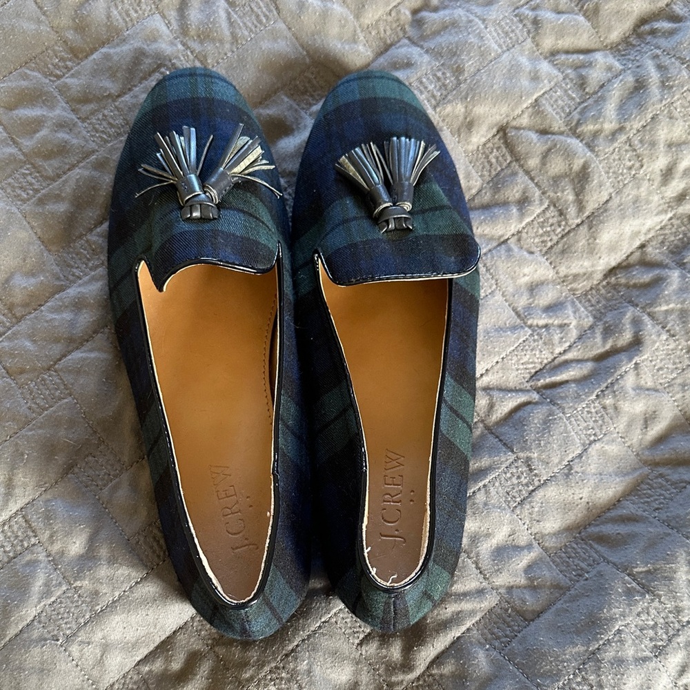 J. Crew Green and Blue Plaid Loafers with Tassels